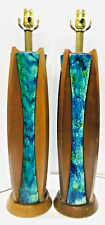 Mid Century Lamps Substantial Chalkware & Teak Blue Green Drip Glaze PICKUP ONLY