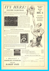1938 ELETTRICO pallacanestro baseball e calcio STAMPA ANNUNCIO gioco giocattolo d'epoca - Foto 1 di 3