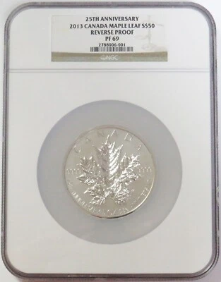 Plata Canadá 2013 $50 hoja de arce 25 aniversario 5 oz NGC PRUEBA INVERSA 69 Foto 1 de 3