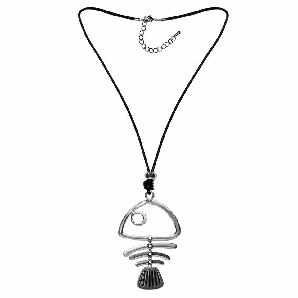 1 Lungo Collana Pelle con Grande Statement Pendente Pesce Motivo Animali Argento - Immagine 1 di 1
