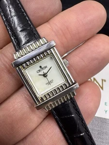 Croton Sterling Silver Square Tank Black Leather Strap 19mm Quartz Watch - Picture 1 of 9