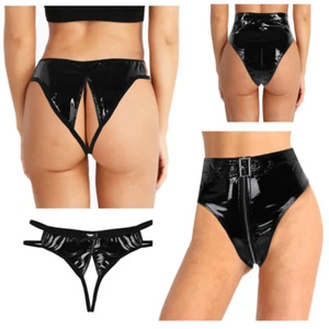 Sexy Womens Leather Lingerie Front Zippered Crotchless Panties Underwear Knicker - Picture 1 of 17