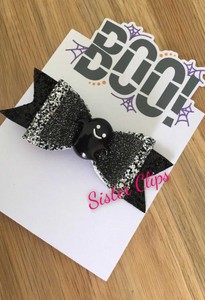 Girls Handmade Halloween Boo Black Ghost 4”  Bow Clip on a presentation Card