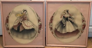 Vintage SOUTHERN BELLES Framed Art  2- 1940's Style Pink Lithographs by Bernard - Picture 1 of 15