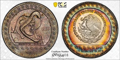 MS67 1993-Mo Mexico Guerrero Silver 2 Peso, PCGS- Vivid Rainbow Toned TOP POP - Image 1 of 4