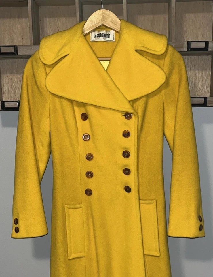 Maxi Abrigo Vintage Años 60 Joseph Magnin Lana Amarillo Mod Doble Pecho Foto 1 de 4
