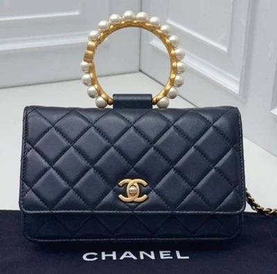 Chanel WOC Pearl Hand Strap Top Handle Chain Crossbody Black Gold Women Classic - Image 1 of 4