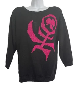 Vintage Jimmy Garcia Pullover handgewebt schwarz rosa Blumen Schulterpolster Größe Small - Bild 1 von 9