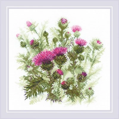 Thistle Multicolor Art Craft Kit 10ct White Aida 15 Acrylic Thread Needle 11x11 - Image 1 of 4