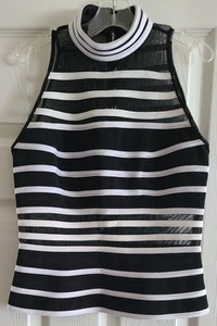 JS Collection Size 6 Black & White Sexy Striped Mesh Top Button Back - Picture 1 of 4