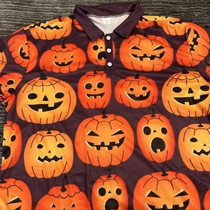 Golf Shirt Mens 2XL Polo Pumpkin Pattern Halloween Jack O Lantern All Over Print - Picture 1 of 9