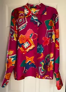 LOUIS FERAUD VINTAGE SILK BLOUSE IN BRIGHT WHIMSICAL PRINT 12-10 GERMANY - Picture 1 of 17