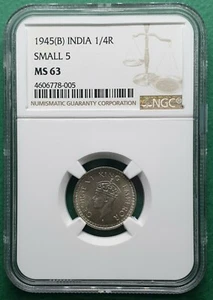 1945(B) BRITISH INDIA GEORGE VI KING 1/4 RUPEE SMALL 5 SILVER NGC MS 63 - Picture 1 of 2
