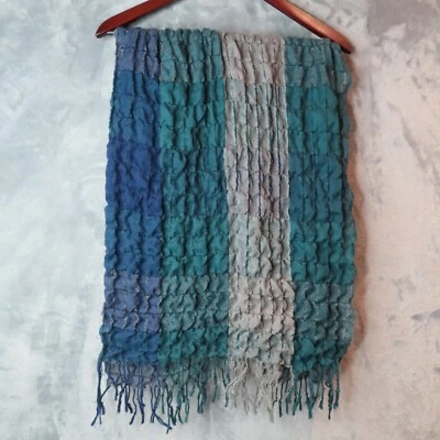 CEJON Fashion Scarf Teal Gray Navy Blue Stretchy Crinkle Fringe Winter 20x95" - Image 1 of 4