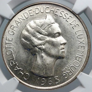 1963 LUXEMBOURG Dutchess Charlotte John Blind Silver 100 Francs Coin NGC i88911 - Picture 1 of 5