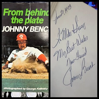 Johnny Bench 1973 firmado autografiado desde detrás del plato libro HC personalizado Foto 1 de 4