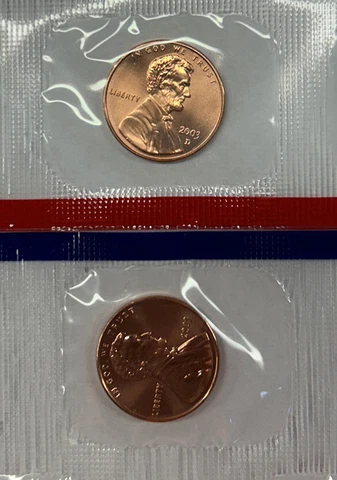 2003 P&D LINCOLN CENTS from MINT SET in MINT CELLO with Free Shipping Cover