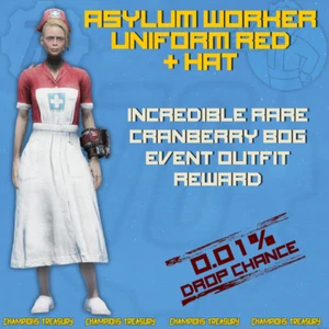 FALLOUT PC ASYLUM WORKER UNIFORM RED & HAT ULTRA RARE CRANBERY BOG EVENT REWARD - Picture 1 of 1