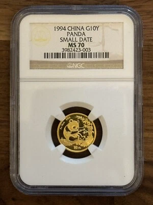 1994 MS70 China Gold Panda Small Date 1/10 oz G10Y 10 Yuan NGC Perfect Coin! - Image 1 of 2
