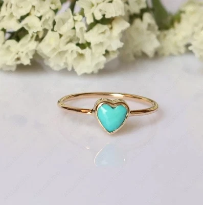 Conjunto de bisel solitario turquesa natural en forma de corazón anillo de banda apilable hecho a mano Foto 1 de 4