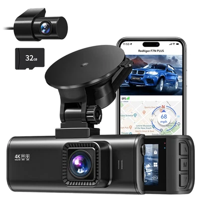 REDTIGER 4K Dash Cam Front and Rear Dual Dash Camera WIFI&GPS With 32GB SD Card - Image 1 of 4