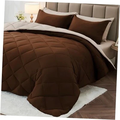  Juego de edredón king 7 piezas, cama reversible en king (102"x90") marrón/caqui Foto 1 de 4