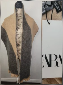 Zara Mezcla de Lana Ancha Bufanda Envoltura Talla Mediana Tono Tierra Bloques de Color Flecos NUEVO - Imagen 1 de 10