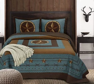 3pcs Pre-Washed Oversized Quilt Set Rustic Western Star Cabin Bedspread Coverlet - Picture 1 of 7