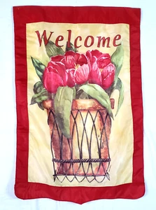 Vintage Applikation Einsatz Willkommen rote Tulpe 37 x 41 Deko Flagge Gartenhaus - Bild 1 von 8