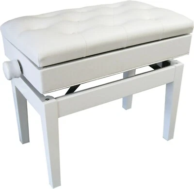 KLAVIERBANK - PIANO STUHL - HÖHENV. - WEIß HOCHGLANZ - NOTENFACH - LEDER WEISS - Bild 1 von 2