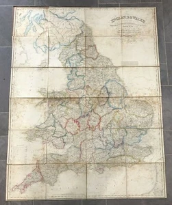 1840 Antiguo Mapa Plegable Grande; Inglaterra y Gales por J. & C. Walker - Imagen 1 de 3