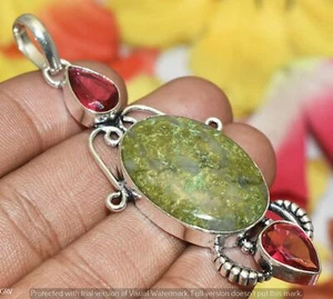 Unakite & Pink Tourmaline Quartz Gemstone Pendant 925 Silver Plated U327-B191 - Picture 1 of 1