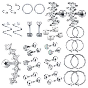 33Pcs/Set Stainless Steel Barbell Stud Earrings CZ Tragus Helix Conch Piercing - Picture 1 of 11