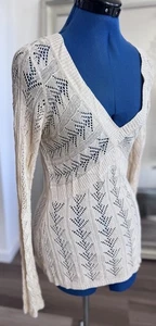 CACHE V Neck Crochet Knit Tussah Silk Long Sleeve Top Y2K 90s Style Women’s L - Picture 1 of 9