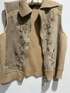 Vtg Leather Knit Vest Womens Sz L Floral Tan Embroidery Zip Up Y2K Western Boho - Picture 1 of 9