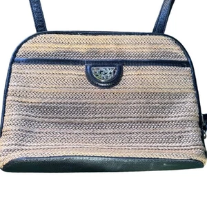 VTG Brighton Straw Crossbody Bag Black Leather Trim Designer Handbag Purse - Picture 1 of 14