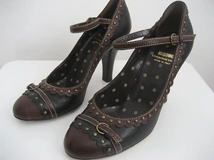 MOSCHINO CHEAPANDCHIC BLACK BROWN TRIM Ankle Strap Heels Pumps Shoes W 37 EUC - Picture 1 of 9