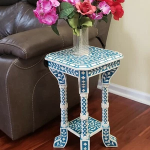 Floral Bone Inlay Blue 12 Inch Accent Table | End Table for living room - Picture 1 of 5