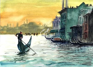 Venedig bei Sonnenuntergang, venezianische Szene, Venedig Gondel, italienische Kunst, Venedig Wanddekor - Bild 1 von 1