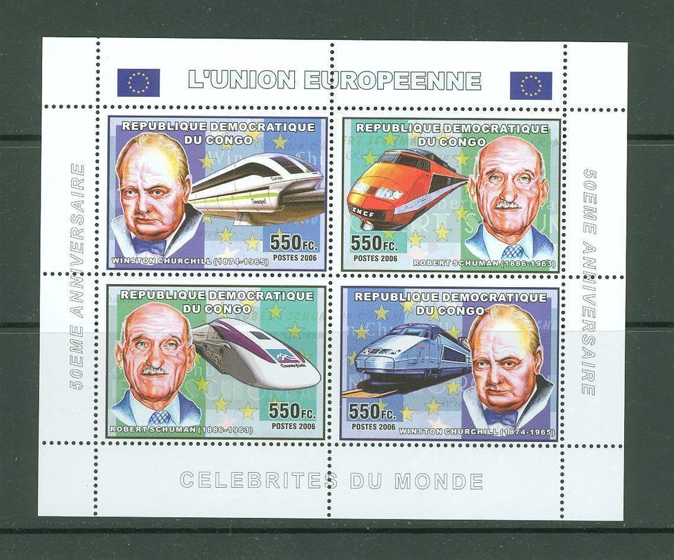 Block N99 Congo 2006 MNH s/s W Churchill R Schuman Trains Railroad - Image 1 of 1