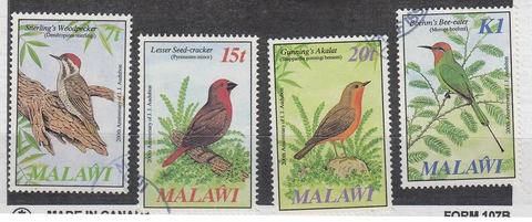 MALAWI: SG #733 to 736 1985. Bicentenary of J. Audubon (Ornithologist) Set Used Cover