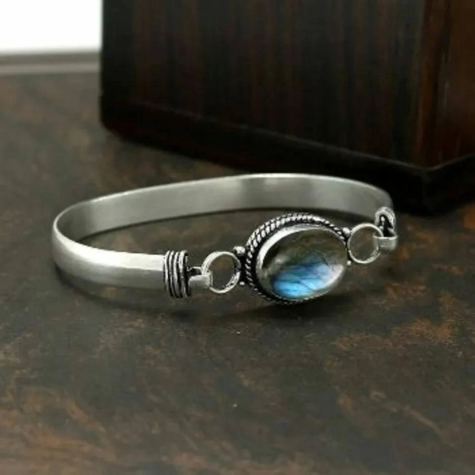 Labradorite Solid 925 Sterling Silver Beautiful Designer Women Gift Bangle, M600 - Image 1 of 4