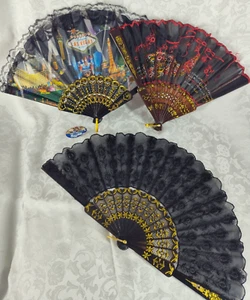 Foldable Fabric Lace Embroidered Peacock Feather Hand Fan Lot (3) ST25 - Picture 1 of 15