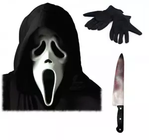 Official Scream Mask with Hood + Bloody Butcher Knife + Black Gloves Ghost Face - Picture 1 of 1
