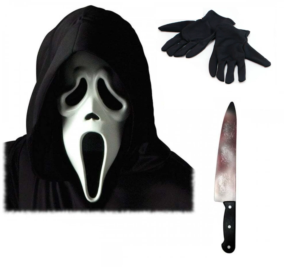 Official Scream Mask with Hood + Bloody Butcher Knife + Black Gloves Ghost Face - Image 1 of 1
