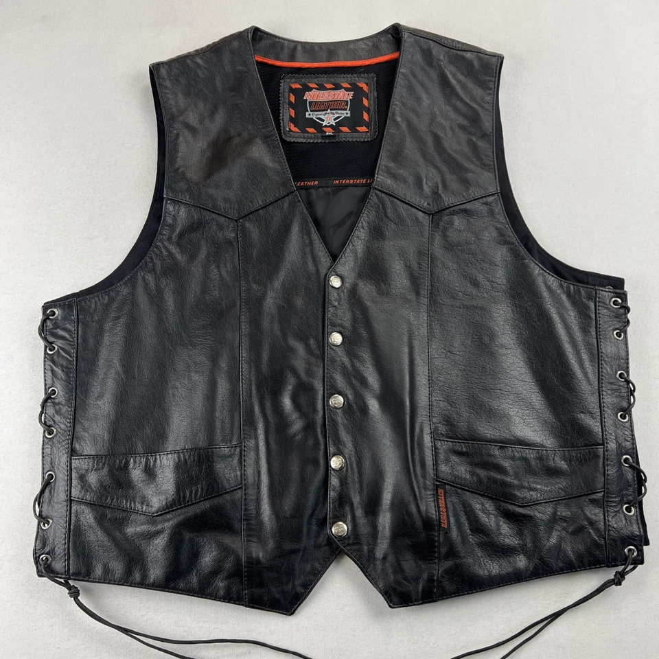 Interstate Leather Black Leather Snap Biker Vest Men’s XXL Motorcycle Style Moto - Image 1 of 4