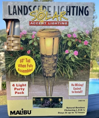4 Malibu Solar Alimentado por Sol LED Paisaje Acento Iluminación Isla Antorcha Bambú Foto 1 de 4