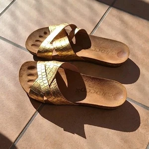 Sandalen Schlappen Gold Leder Kork Gr. 38 Made in Spain 79€ Urlaub Pantoletten - Bild 1 von 3
