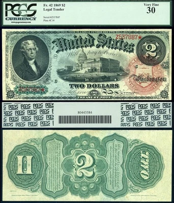 1869 $2 Legal Tender Rainbow Note FR-42 PCGS VF 30 S/N Z537887 Very Nice! - Image 1 of 3