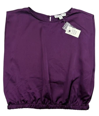 NWT And Now This Satin Crop Top Shell Cap Sleeve Plum Boxy Quiet Luxury Shiny L - Image 1 of 4